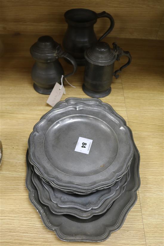 Set six 19th century French pewter petal rimmed dishes, four ditto oval meat dishes & three various tankards